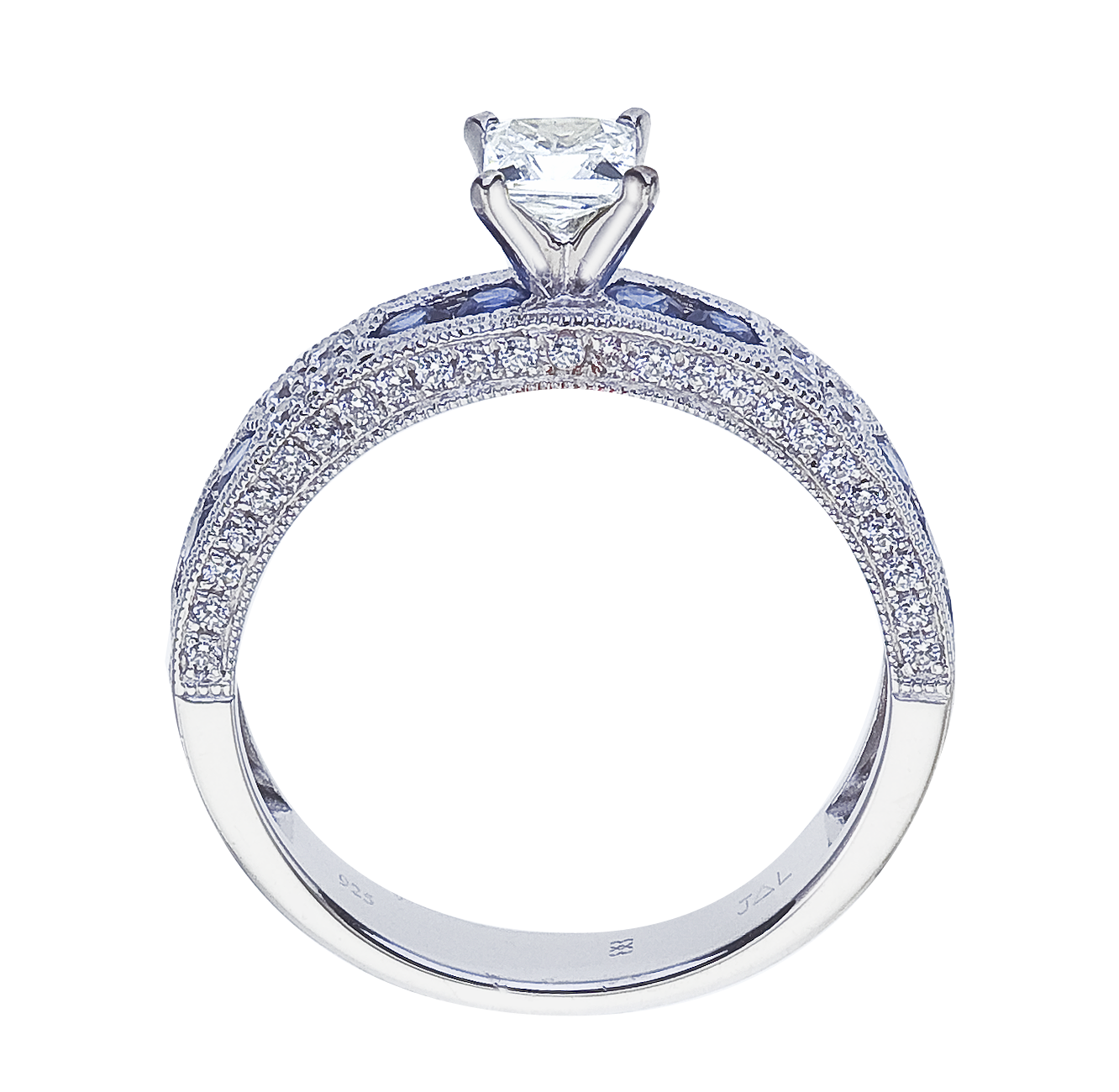 14K White Gold Qpid .77 Ct Diamond and 1.38 Ct Sapphire Bridal Ring Set