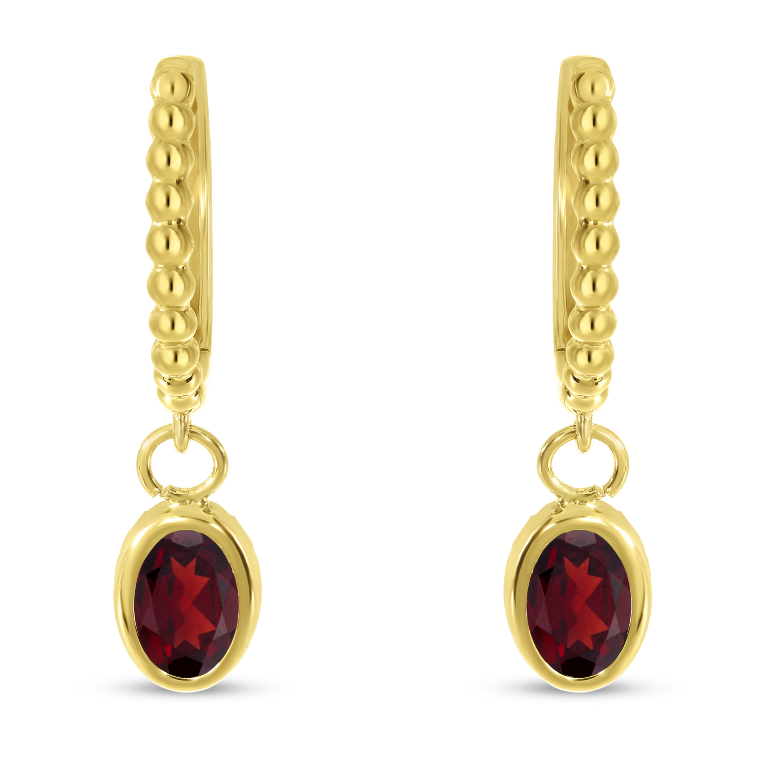 14K Yellow Gold Oval Garnet Dangle Textured Huggie Earrings