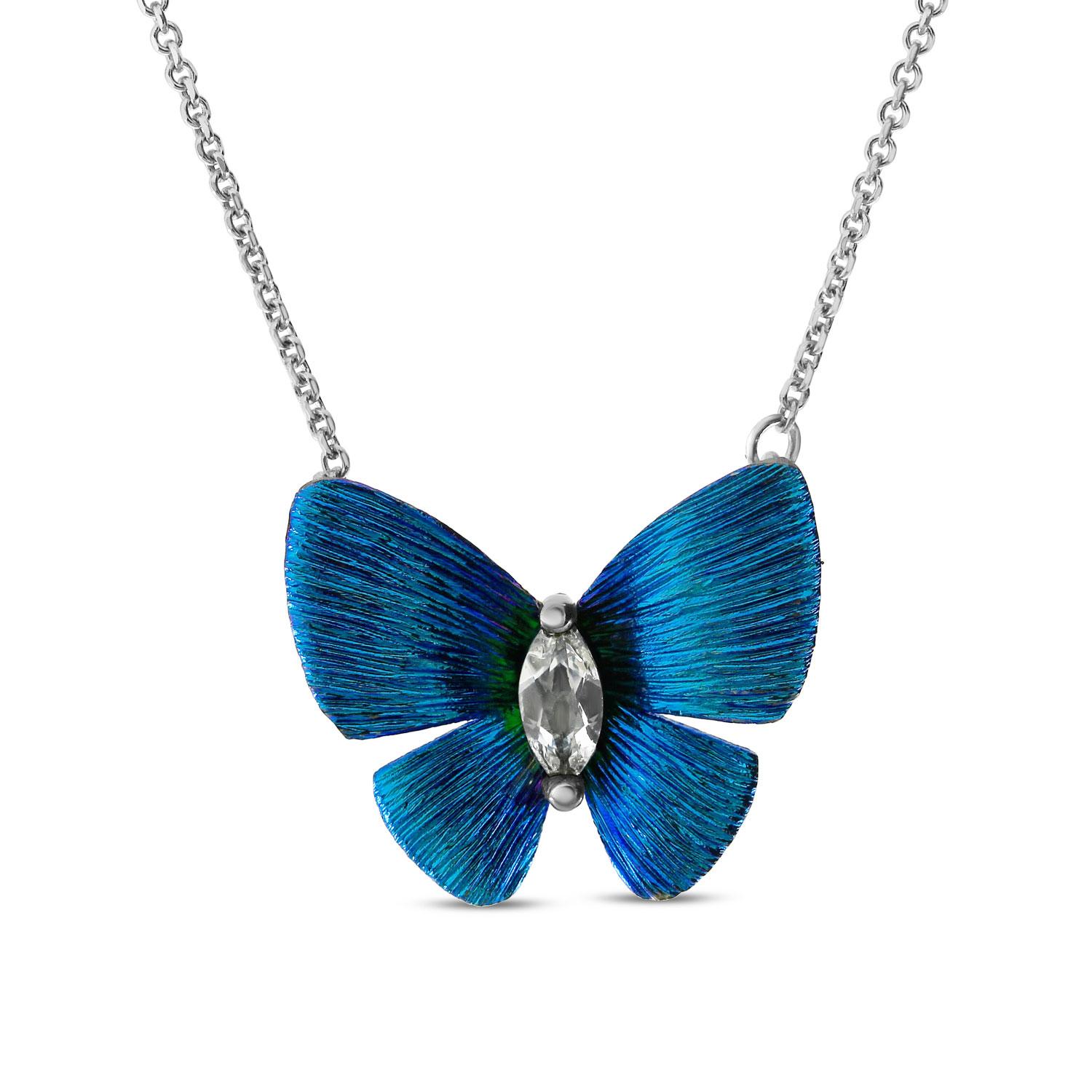 Titanium Blue Butterfly with Marquise White Sapphire and 14k White Gold Chain Necklace