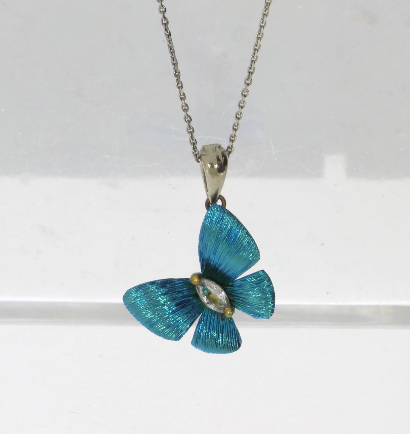Titanium Blue Butterfly with 14K White Gold Bale and Marquise White Sapphire