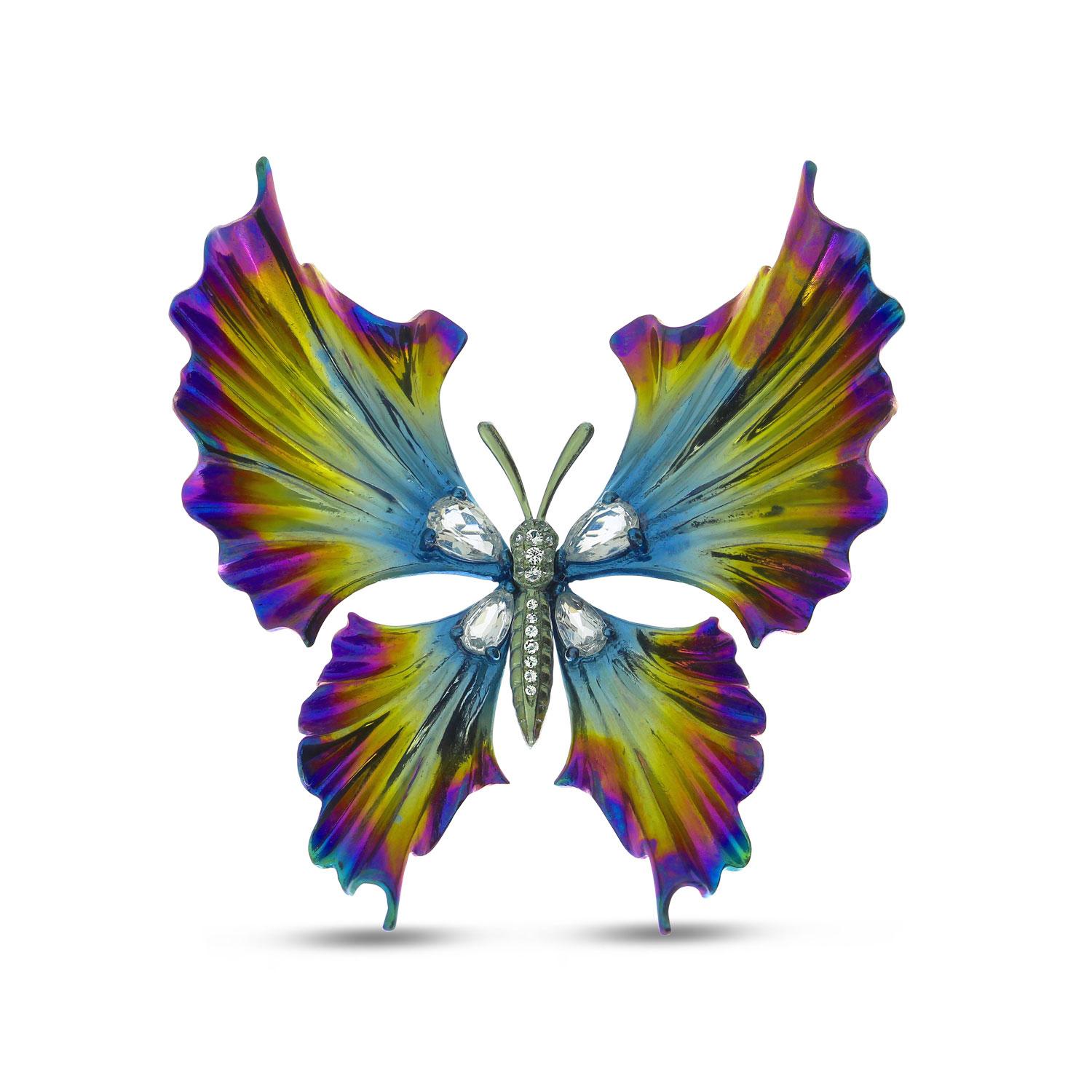 Titanium Shiny Ombre Butterfly Brooch with Blue Topaz and White Sapphires