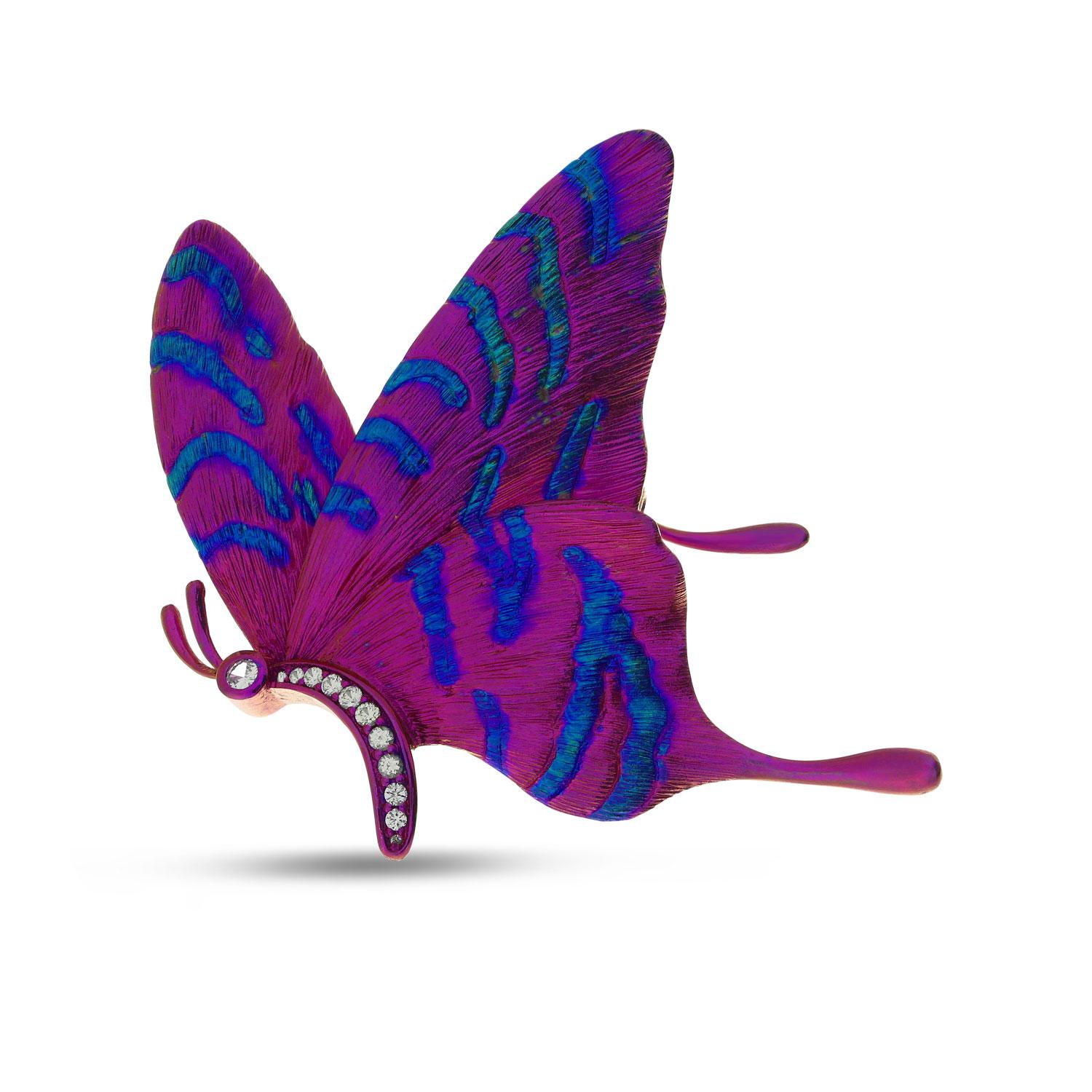 Titanium Patterned Butterfly Brooch with White Sapphires