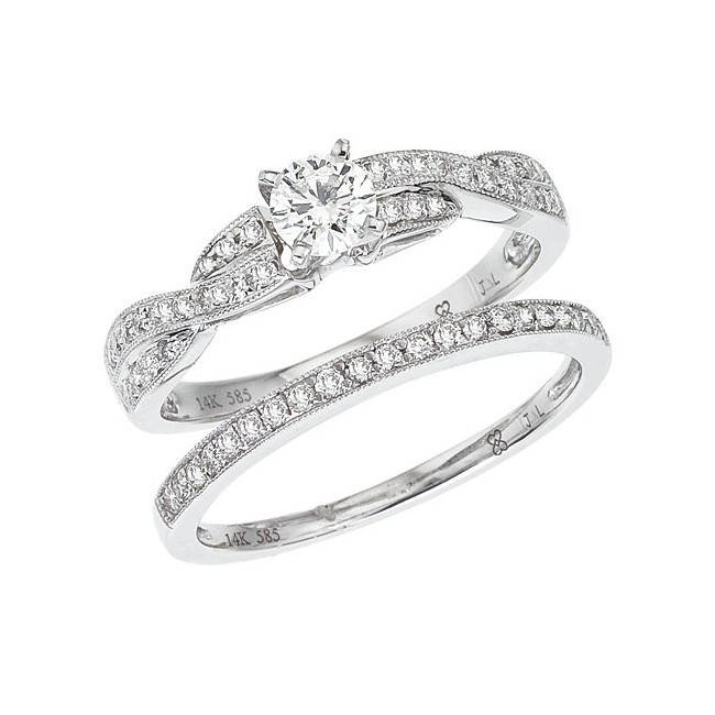 14K White Gold .66 Ct Diamond Crossover Qpid Bridal Ring Set