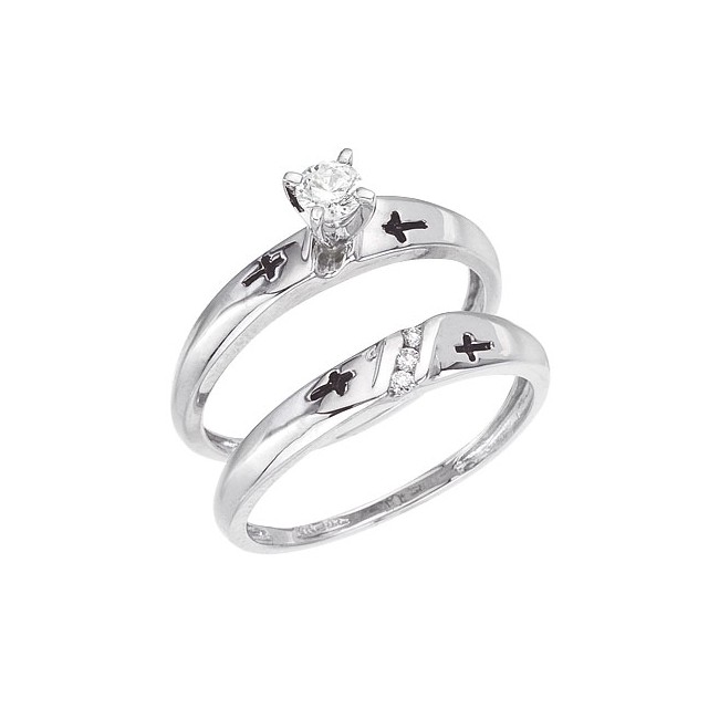 14K White Gold .23 Ct Diamond Qpid Bridal Cross Ring Set