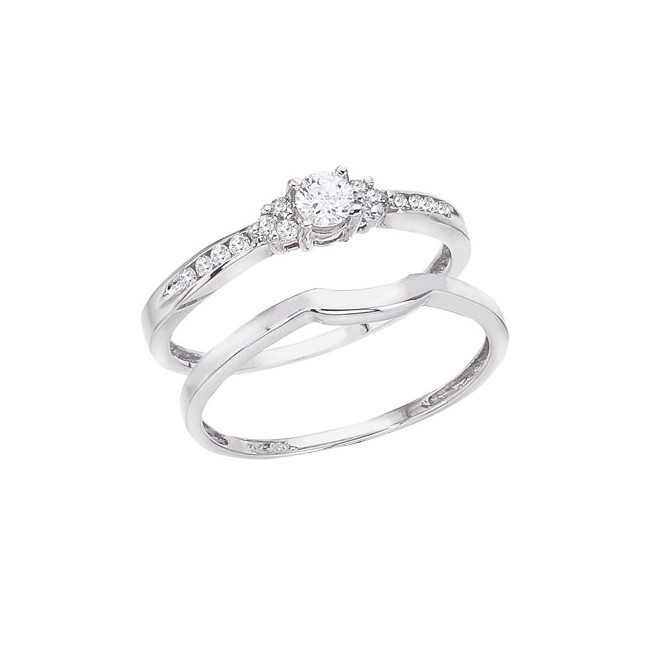 14K White Gold 3 Stone .27 Ct Diamond Qpid Bridal Ring Set