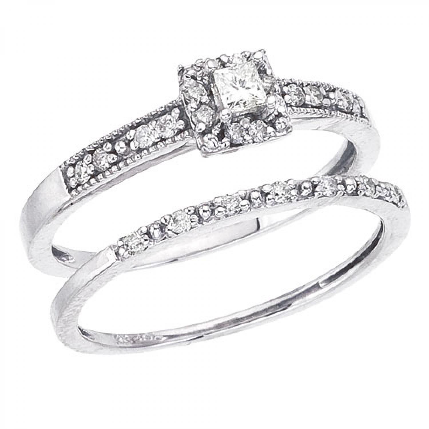 14K White Gold Cathedral Qpid .29 Ct Diamond Bridal Ring Set