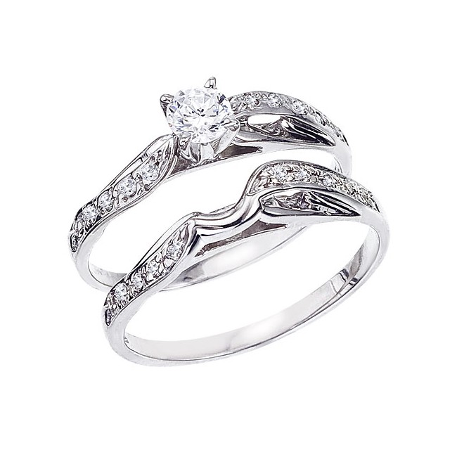 14K White Gold Qpid Bridal Bypass .40 Ct Diamond Ring Set