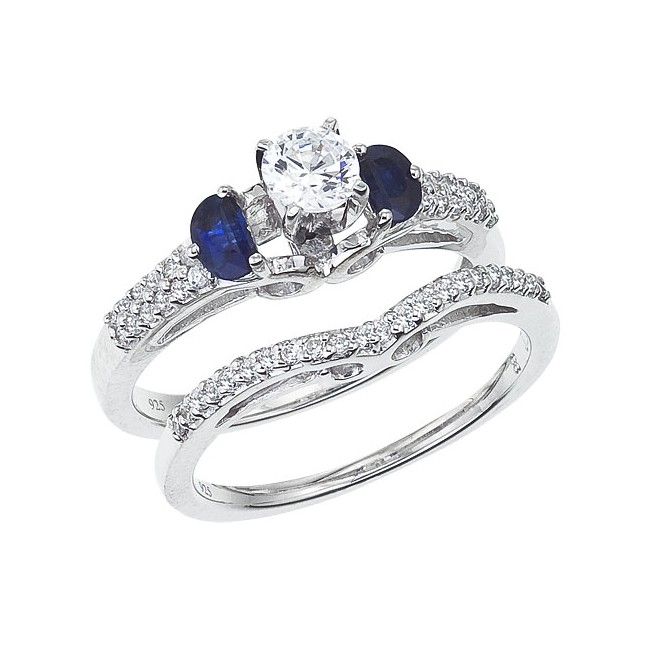 14K White Gold Qpid .50 Ct Diamond and Sapphire Bridal Ring Set