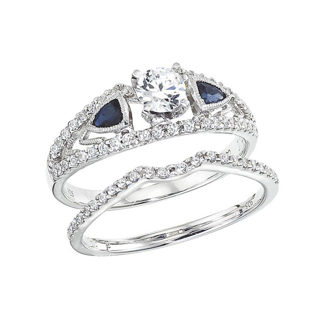 14K White Gold Qpid .66 Ct Diamond and Sapphire Bridal Ring Set