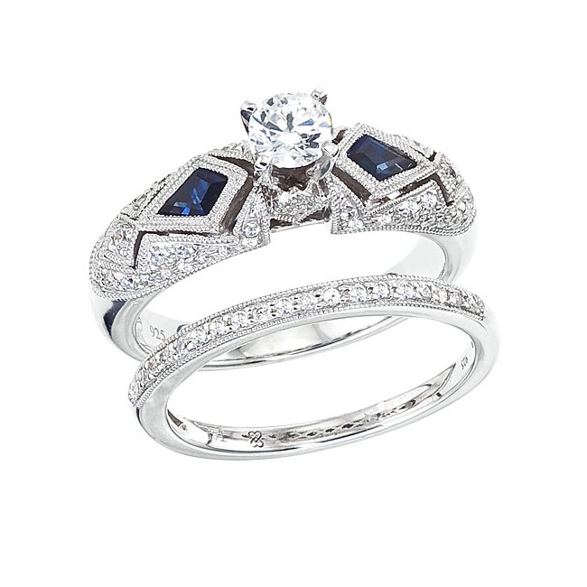 14K White Gold Qpid .75 Ct Diamond and Marquis Sapphire Bridal Ring Set
