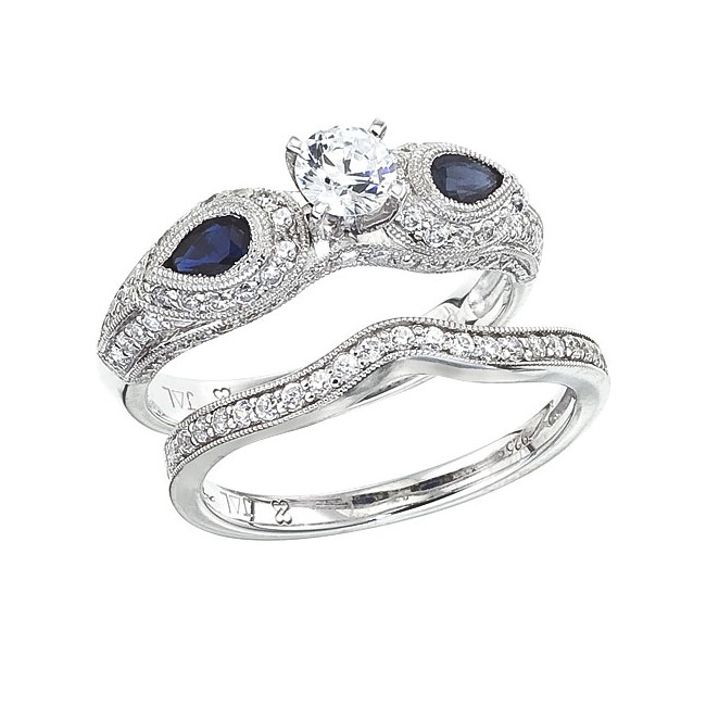 14K White Gold Qpid .89 Ct Diamond and Pear Sapphire Bridal Ring Set