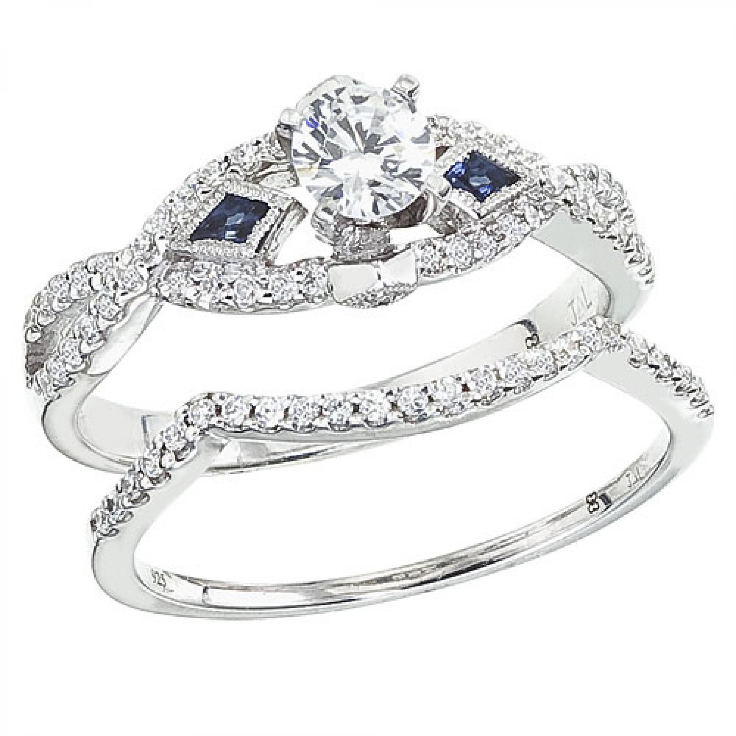 14K White Gold Qpid .65 Ct Diamond and Sapphire Bridal Ring Set