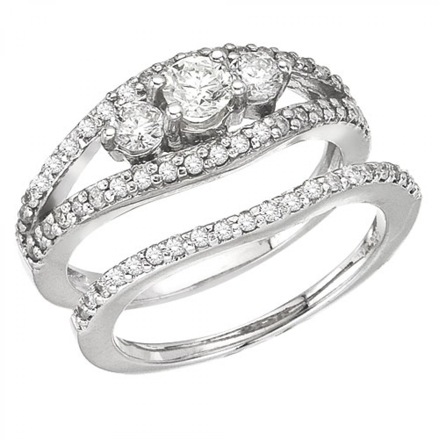 14K White Gold Qpid 3 Stone .96 Ct Diamond Bridal Ring Set