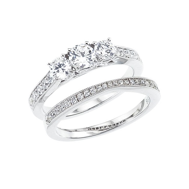14K White Gold Qpid 1.13 Ct Diamond Three Stone Bridal Ring Set
