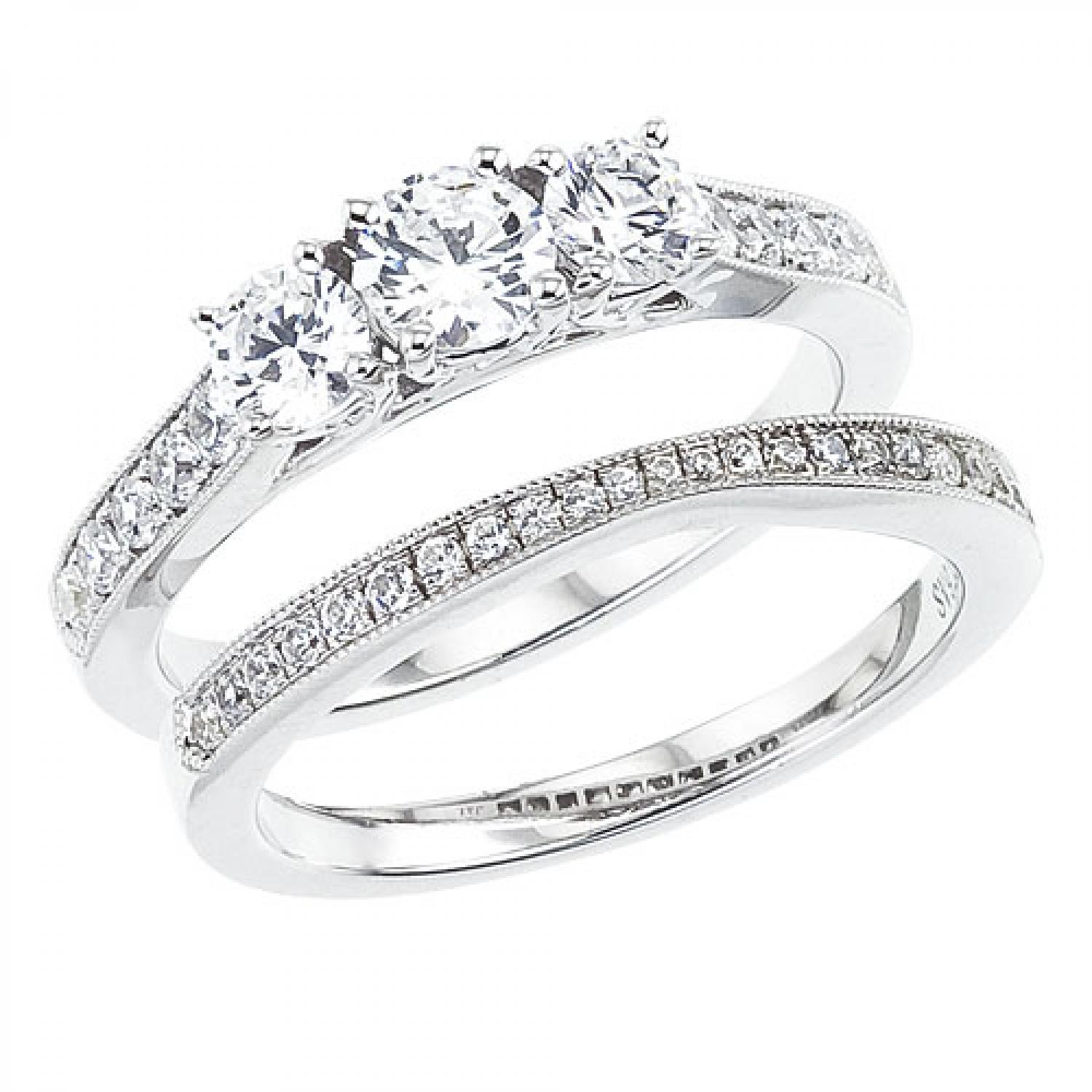 14K White Gold Qpid 1.13 Ct Diamond Three Stone Bridal Ring Set