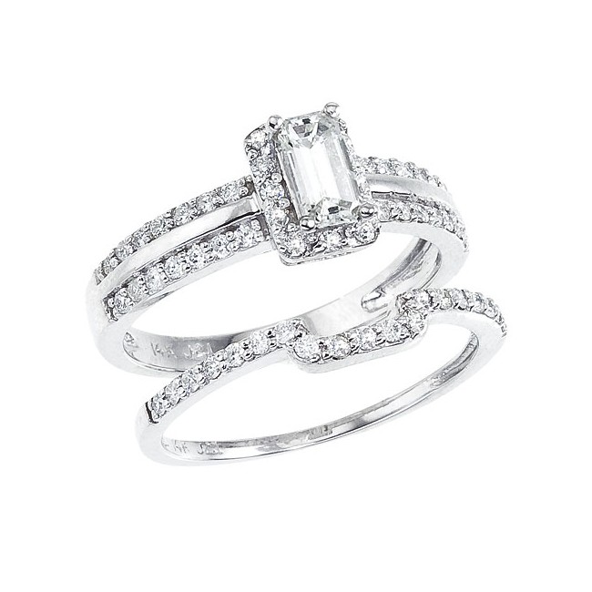 14k White Gold Qpid .81 Ct Emerald Cut Diamond Bridal Ring Set