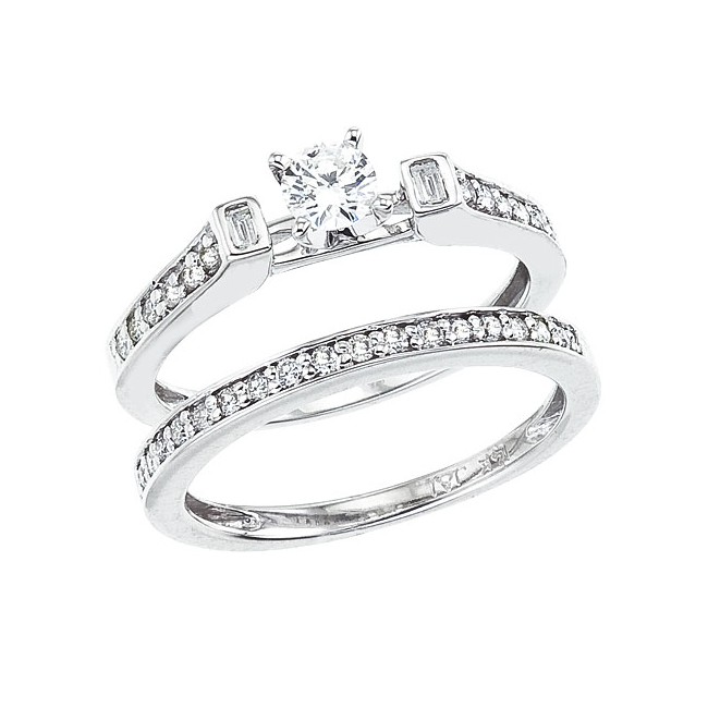 14K White Gold Qpid Bridal Baguette .64 Ct Diamond Ring Set