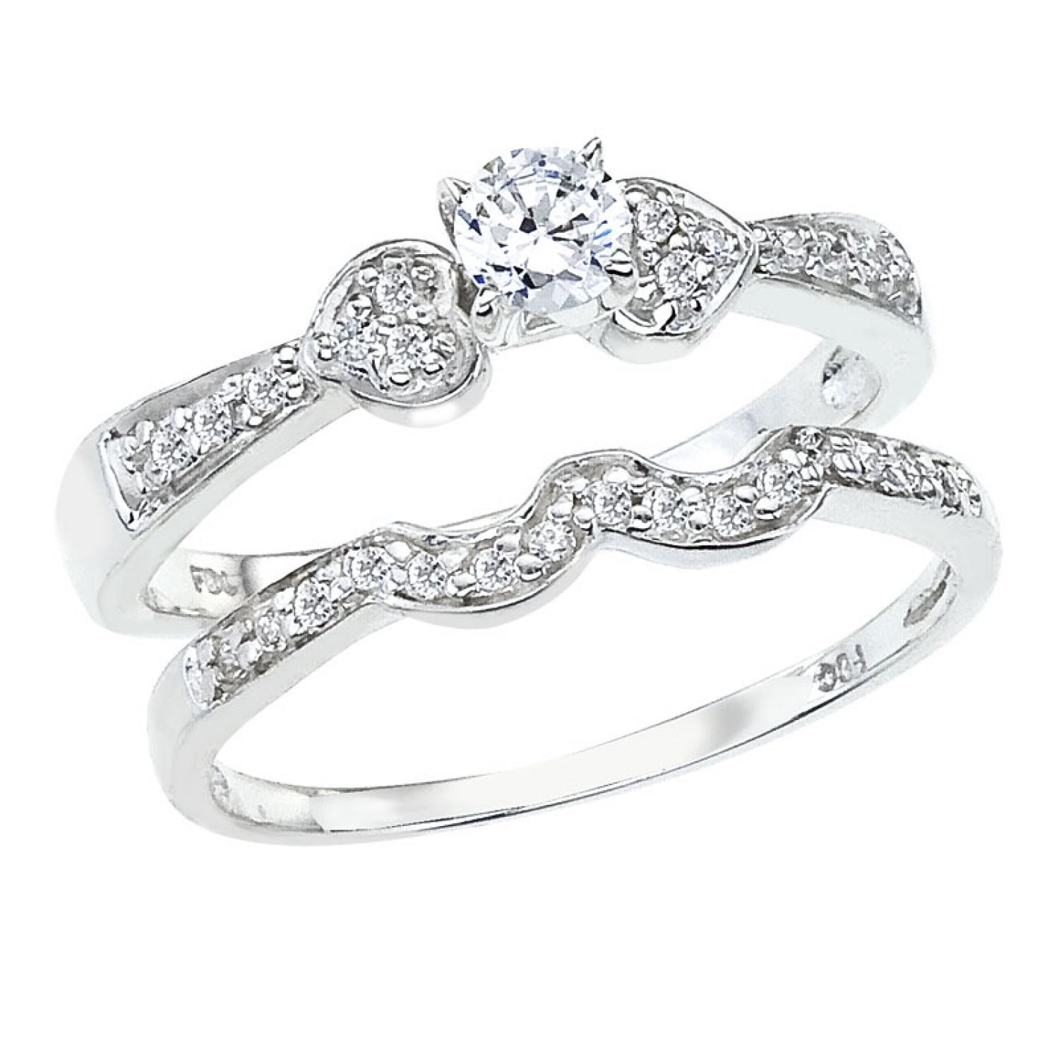 14K White Gold .37 Ct Diamond Double Heart Bridal Ring Set