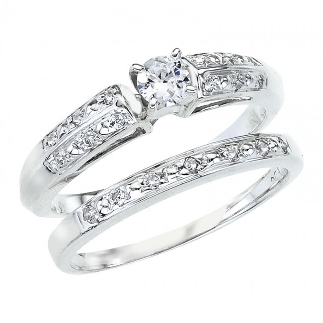 14K White Gold Qpid .35 Ct Diamond Cathedral Bridal Ring Set