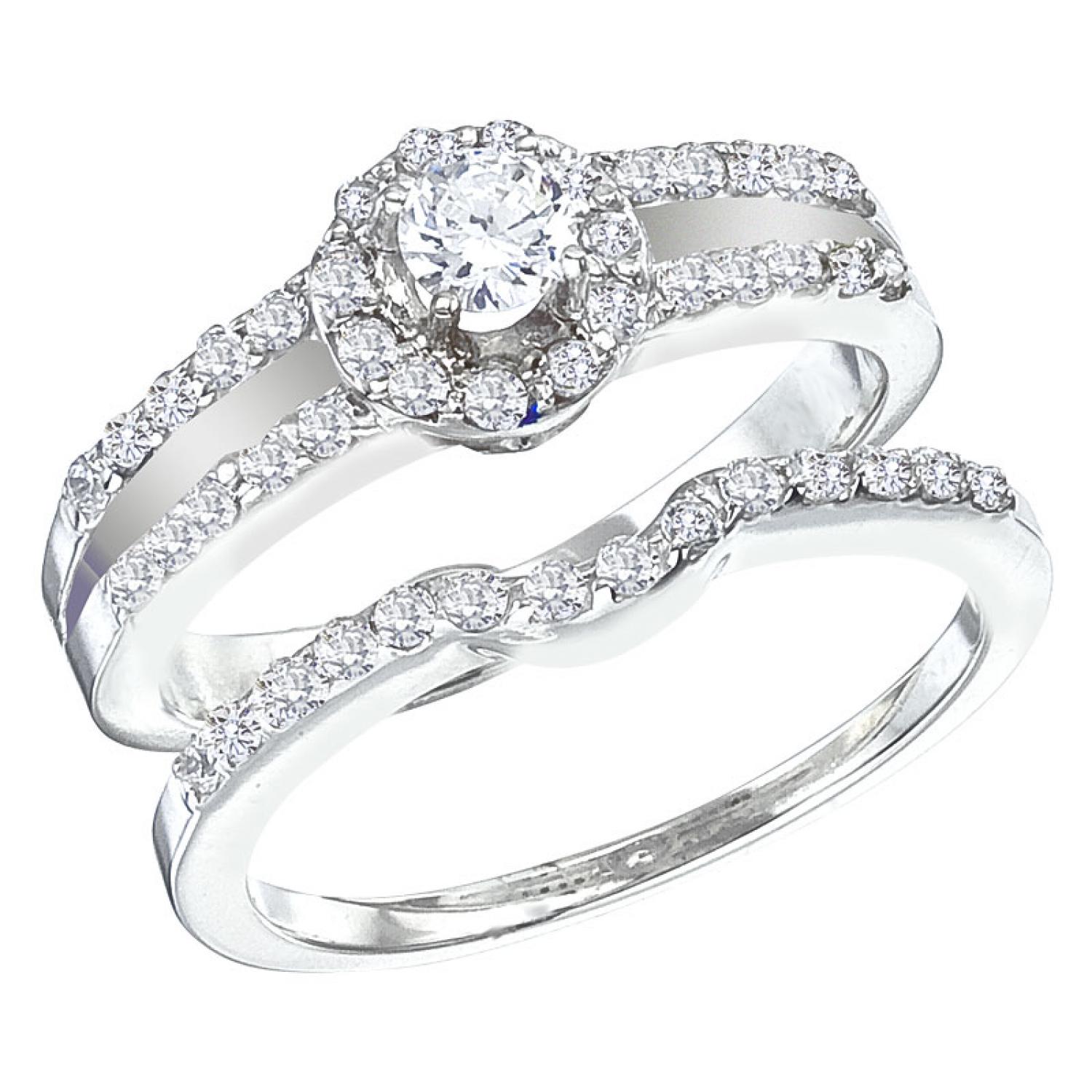 14K White Gold Qpid .82 Ct Diamond Double Row Halo Bridal Ring Set