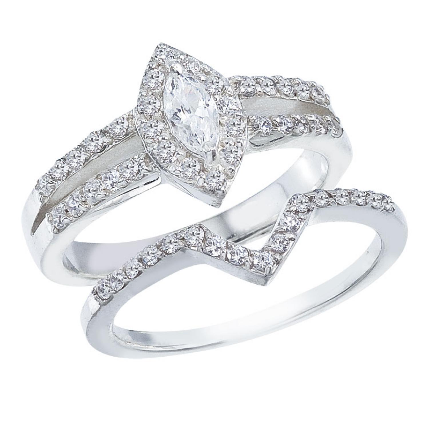 14K White Gold Qpid .76 Ct Diamond Marquise Bridal Ring Set