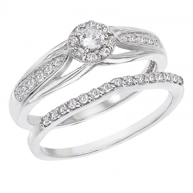 14K White Gold Qpid .33 CT Diamond Halo Bridal Ring Set