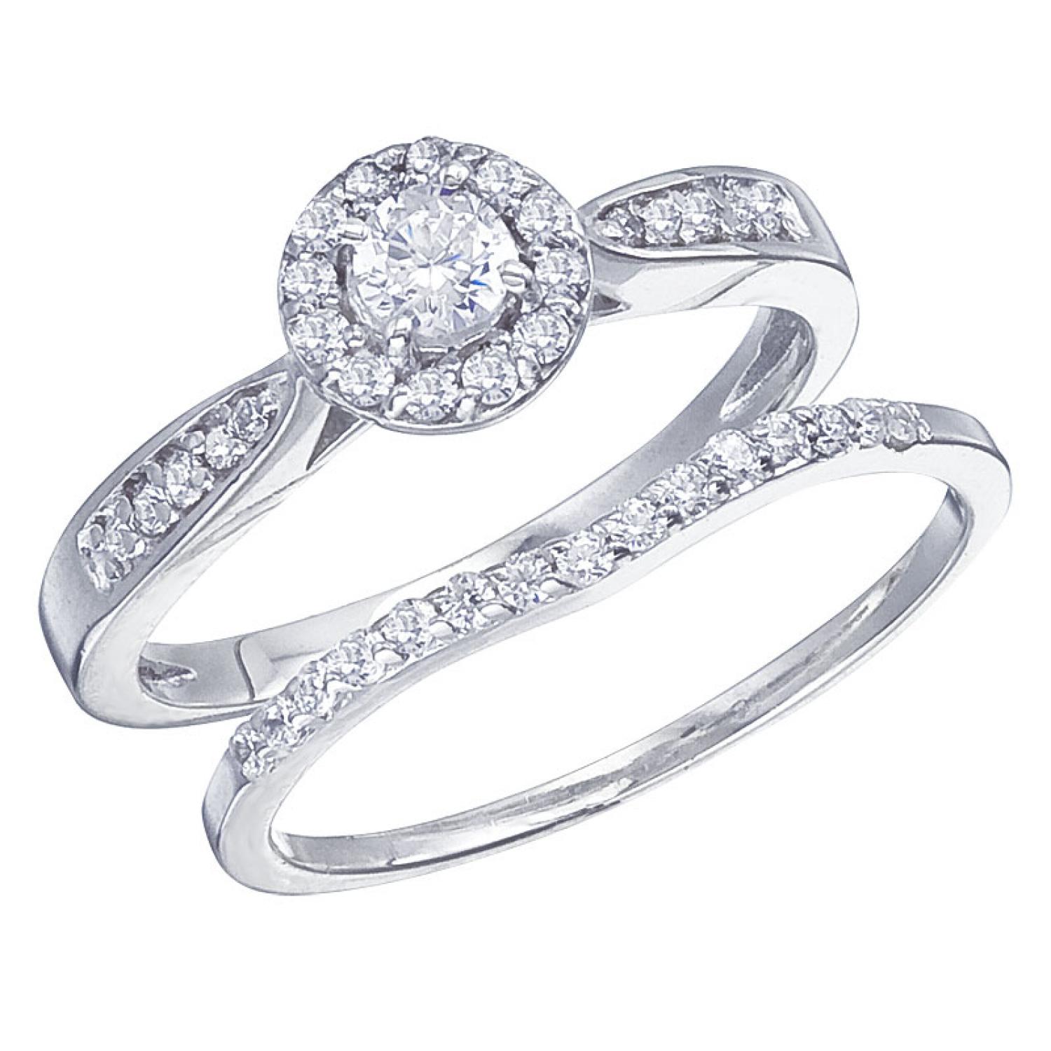 14K White Gold Qpid .41 Ct Diamond Round Halo Bridal Ring Set