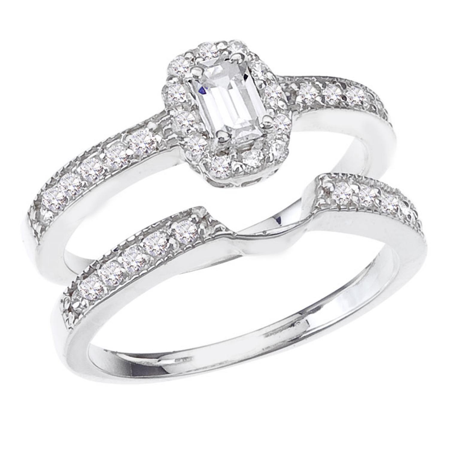 14K White Gold Qpid .73 Ct Emerald Cut Diamond Bridal Ring Set