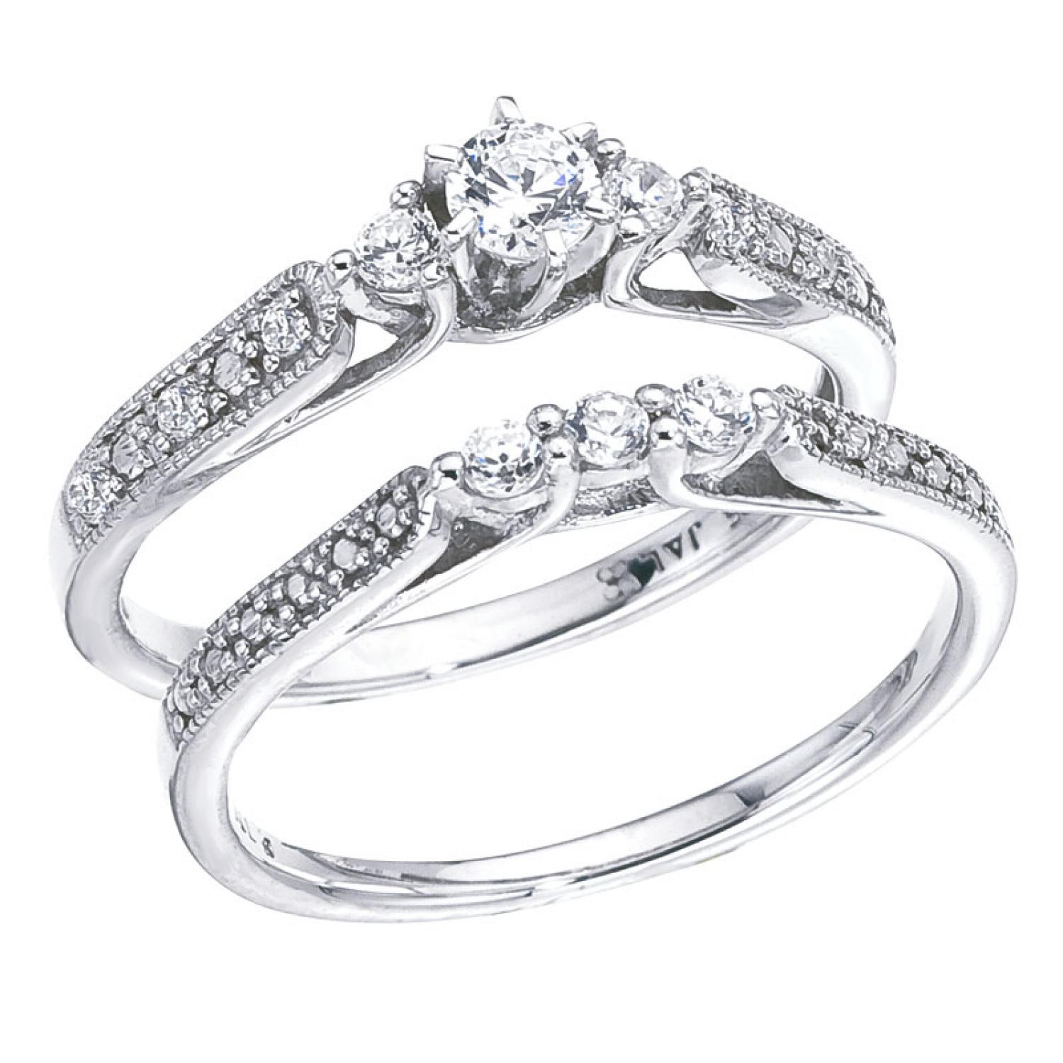 14K White Gold Qpid .33 Ct Three Stone Diamond Bridal Ring Set