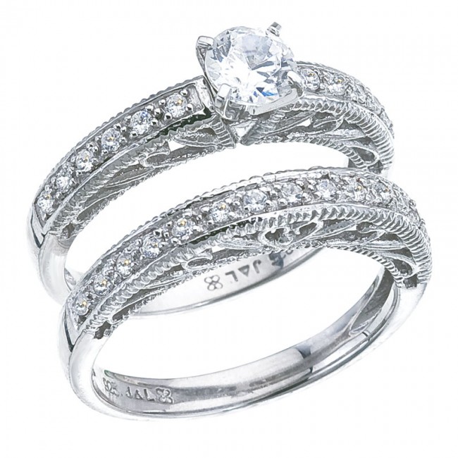 14K White Gold Qpid .50 Ct Prong Set Diamond Filigree Bridal Ring Set