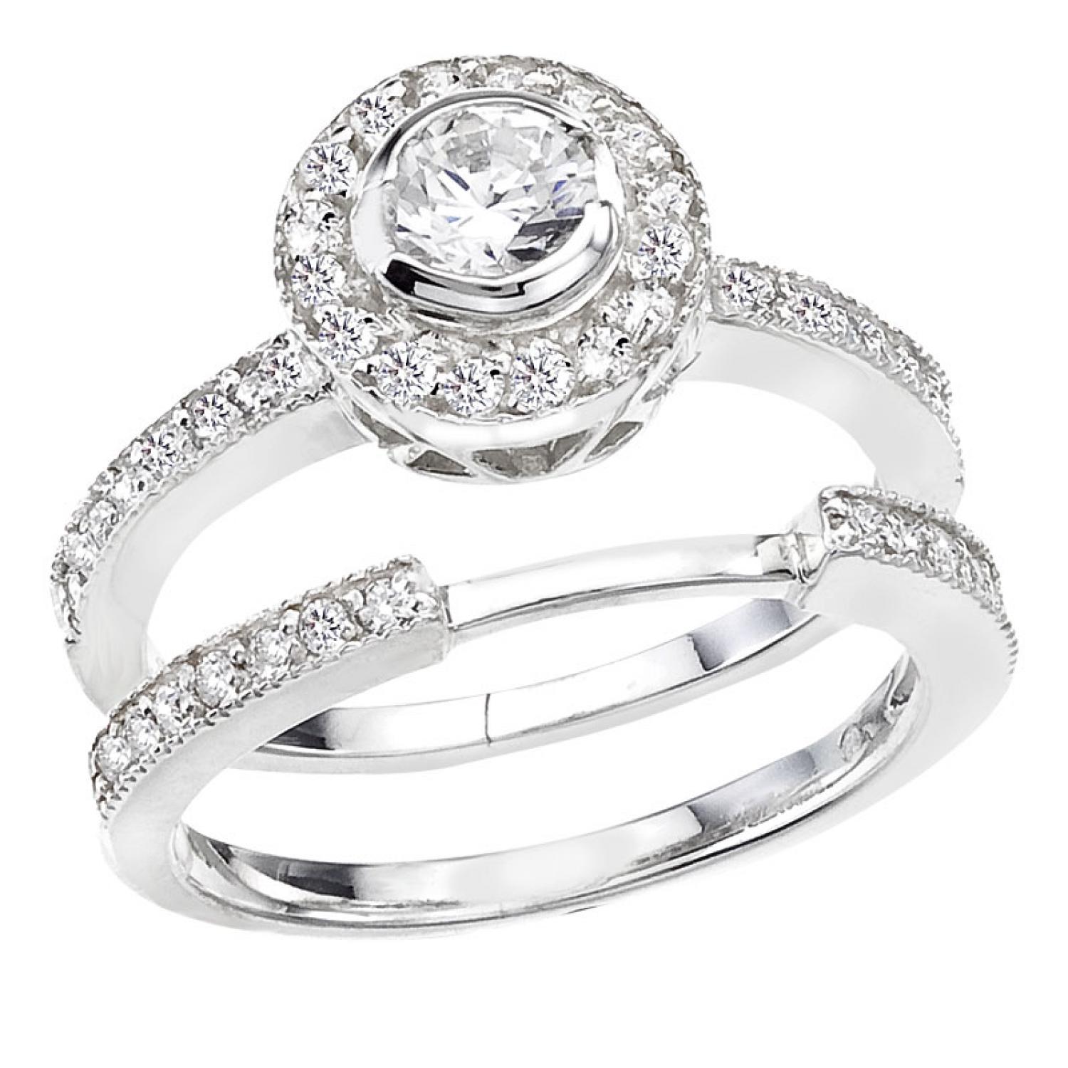 14K White Gold Qpid .94 Ct Diamond Bezel Set Bridal Ring Set