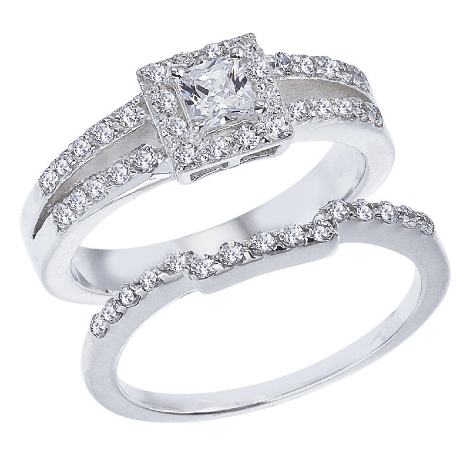 14K White Gold Qpid .89 Ct Diamond Princess Halo Bridal Ring Set