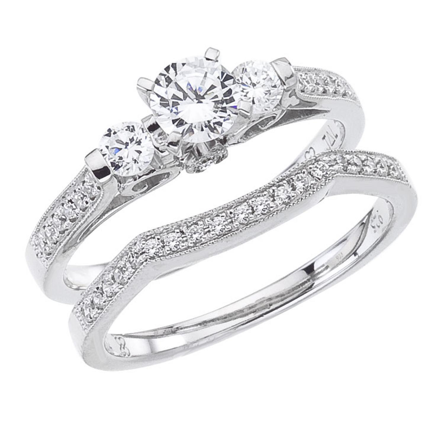 14K White Gold Qpid .68 Ct Diamond Three Stone Bridal Ring Set