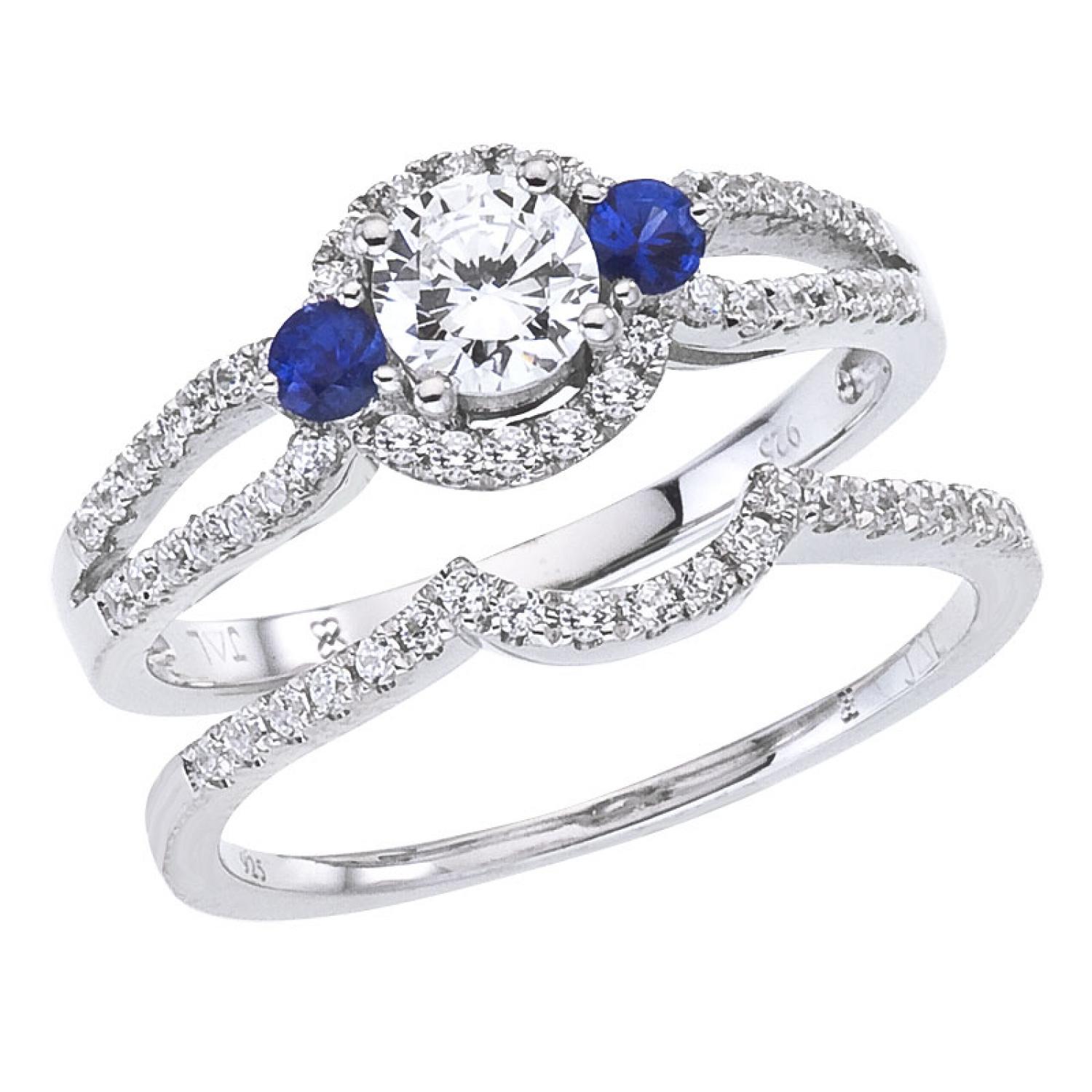 14K White Gold Qpid .77 Ct Diamond and Sapphire Halo Bridal Ring Set