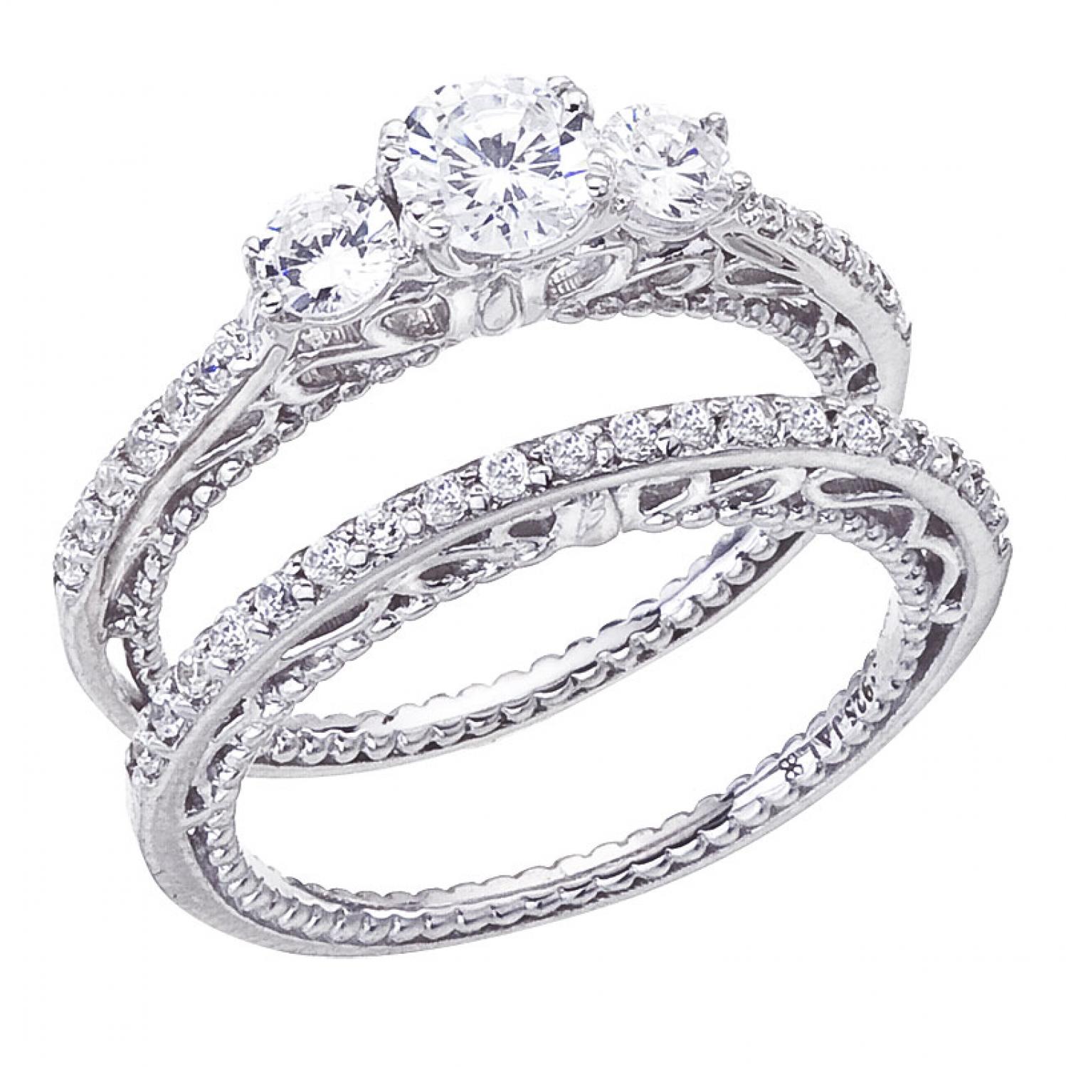 14K White Gold Qpid 1.02 Ct Diamond Three Stone Bridal Ring Set