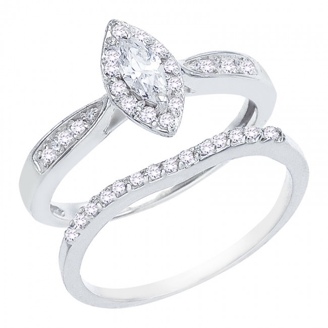 14K White Gold Qpid .50 Ct Diamond Marquis Bridal Ring Set