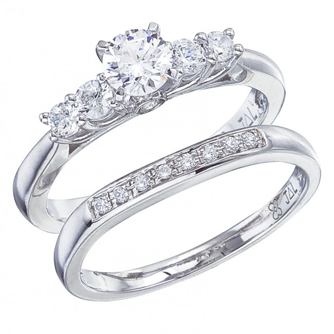 14K White Gold Qpid .75 Ct Diamond Trellis 5 Stone Bridal Ring Set