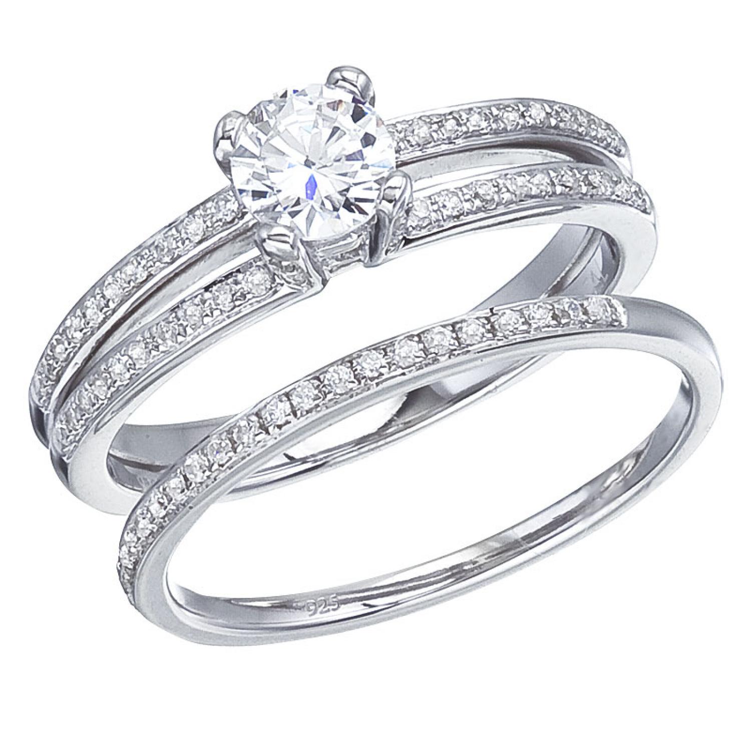 14K White Gold Qpid .65 Ct Diamond Double Band Bridal Ring Set