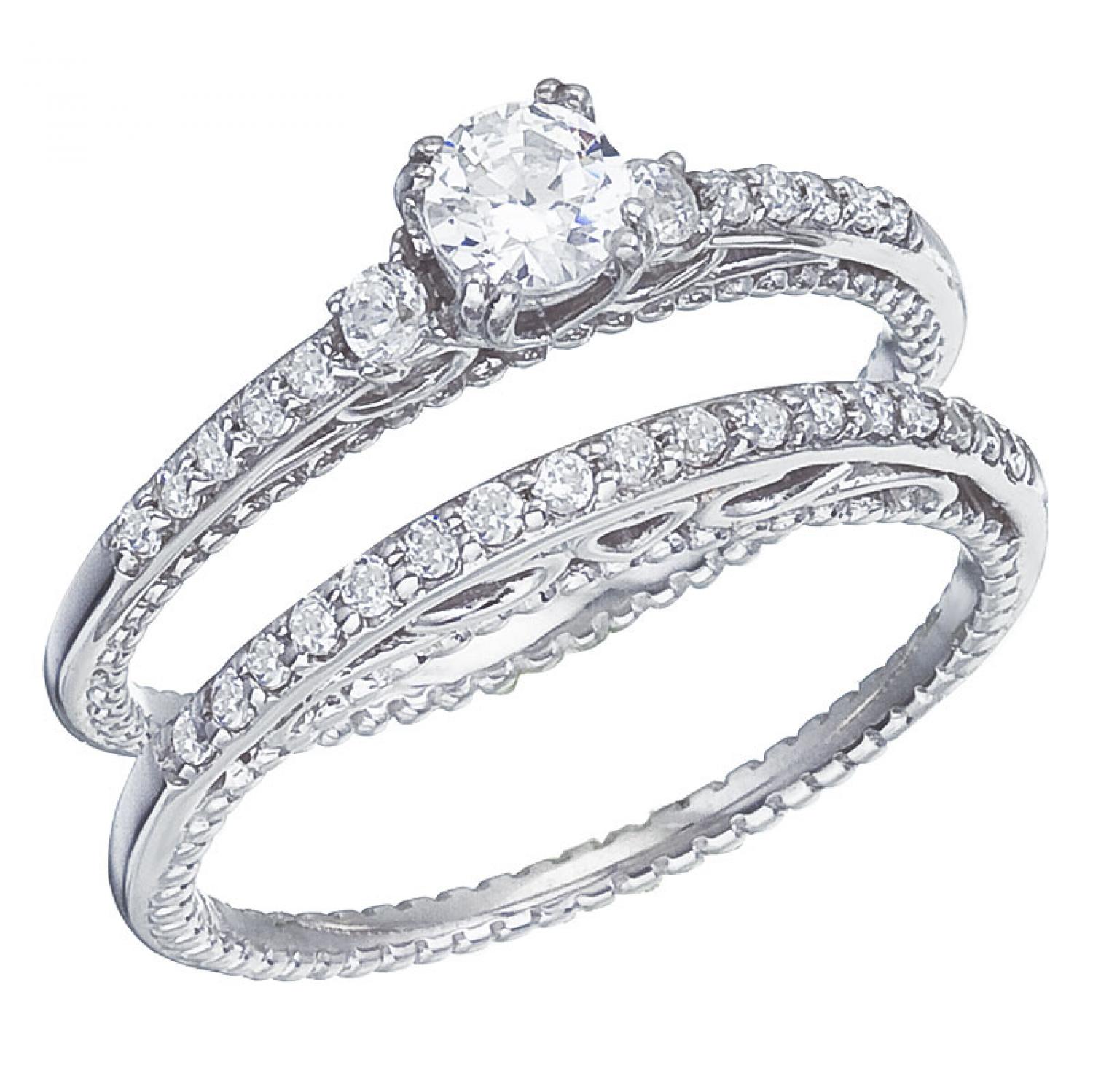 14K White Gold Qpid .50 Ct Diamond Filigree Bridal Ring Set