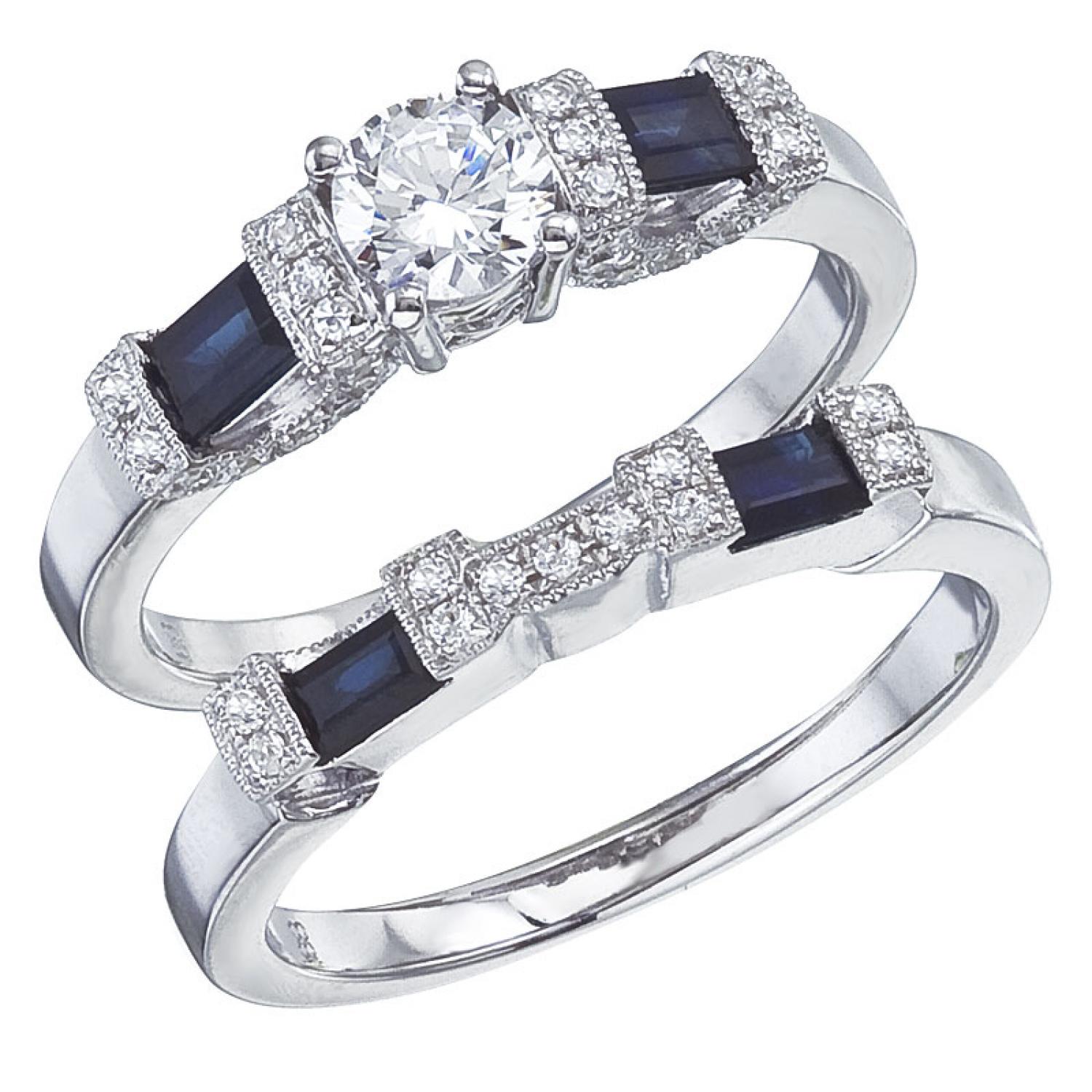 14K White Gold Qpid .58 Ct Diamond and Baguette Sapphire Bridal Ring Set