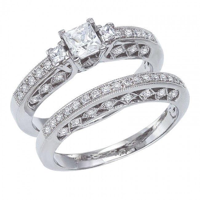 14K White Gold Qpid 1 Ct Diamond Princess Bridal Ring Set