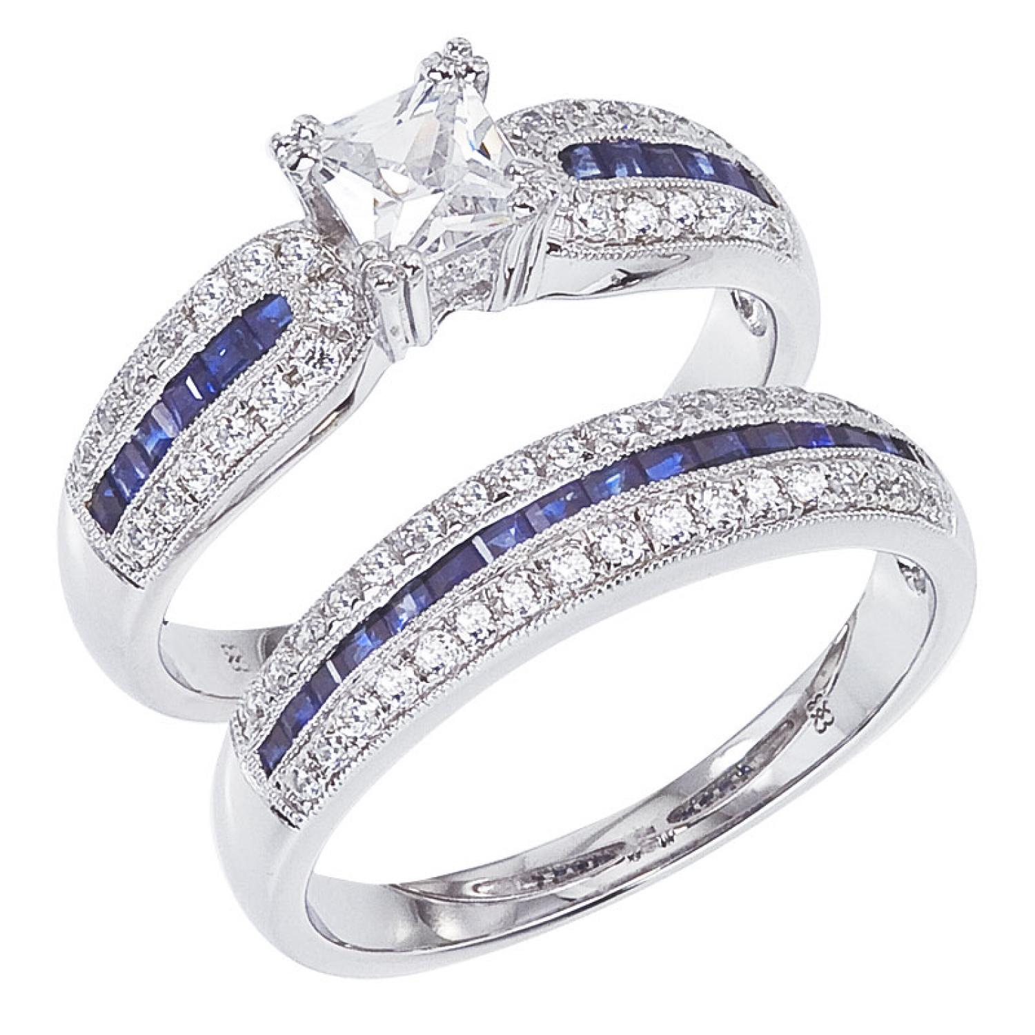 14K White Gold Qpid .70 Ct Princess Diamond and .84 Ct Princess Sapphire Bridal