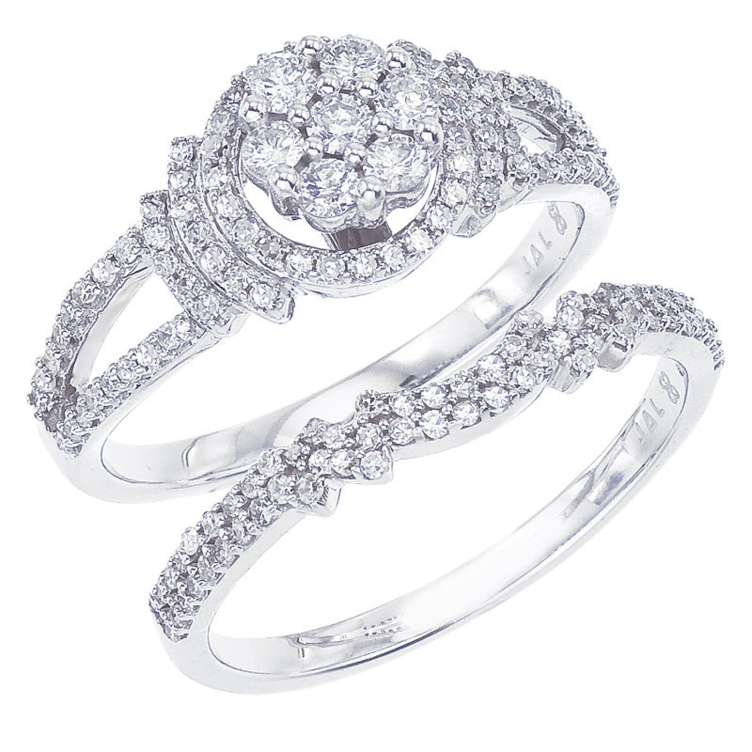 14K White Gold Qpid .68 Ct Diamond Halo Bridal Ring Set