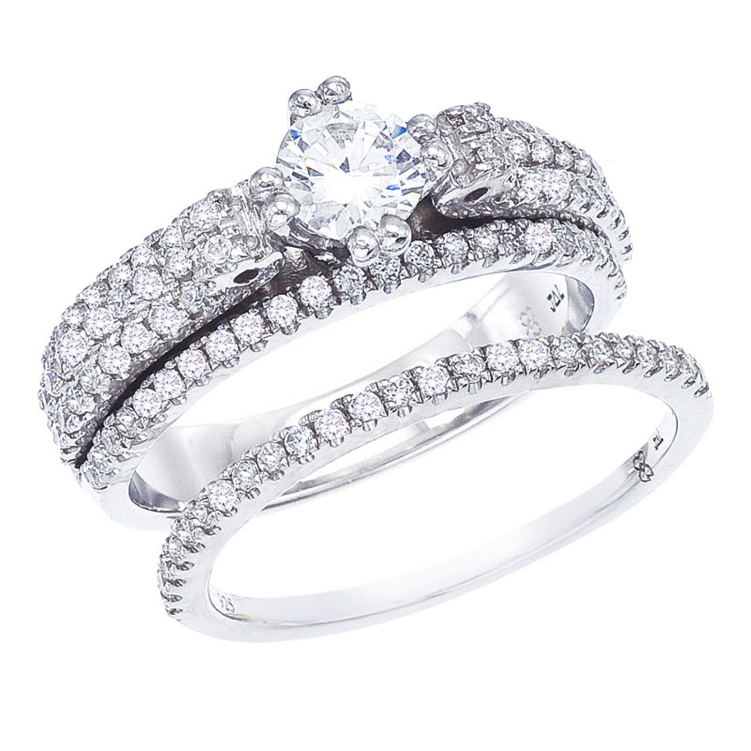 14K White Gold Qpid 1.11 Ct Diamond Four Row Bridal Ring Set