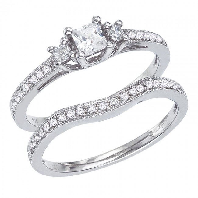 14K White Gold Qpid .75 Ct Diamond 3 Stone Princess Bridal Ring Set