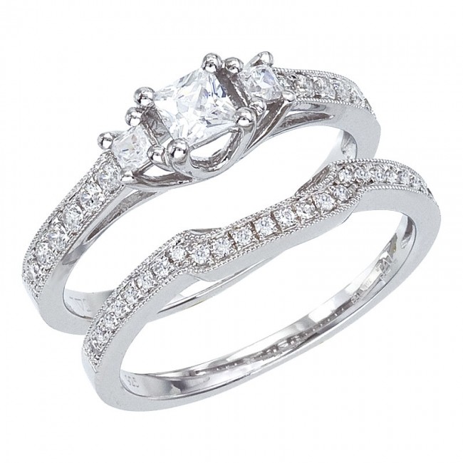 14K White Gold Qpid .90 Ct Diamond 3 Stone Princess Bridal Ring Set