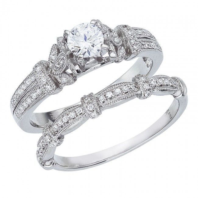 14K White Gold Qpid .66 Ct Diamond Antique Bridal Ring Set