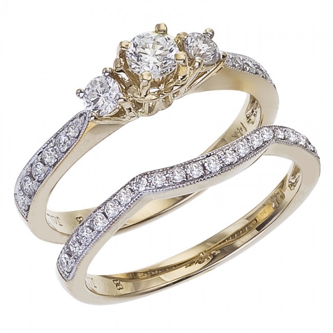 14K Yellow Gold Qpid .75 Ct Diamond Three Stone Bridal Ring Set