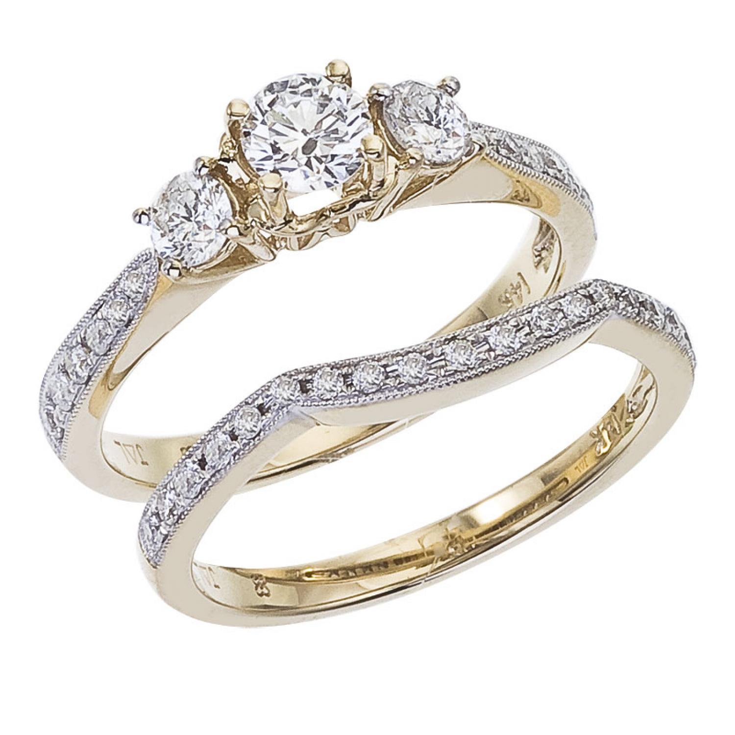 14K Yellow Gold Qpid .95 Ct Diamond Three Stone Bridal Ring Set