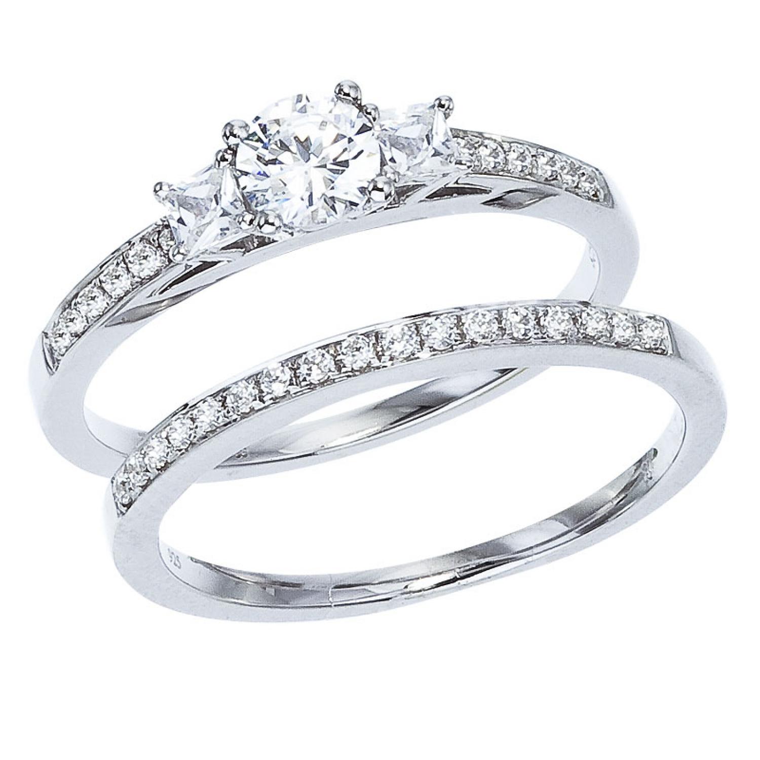 14K White Gold Qpid .66 Ct Diamond Three Stone Bridal Ring Set